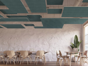 Blue rectangular ceiling clouds, in a layered canopy configuration in a scandinavian style room.