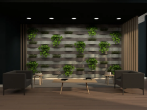A modern office with plants on the wall, showcasing Biophilia and Biophilic Design.
